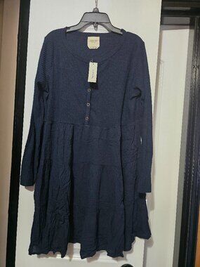 Harper Heritage Women's Navy Blue Tiered Long Sleeve Dress W Ribbed Top -  Large
